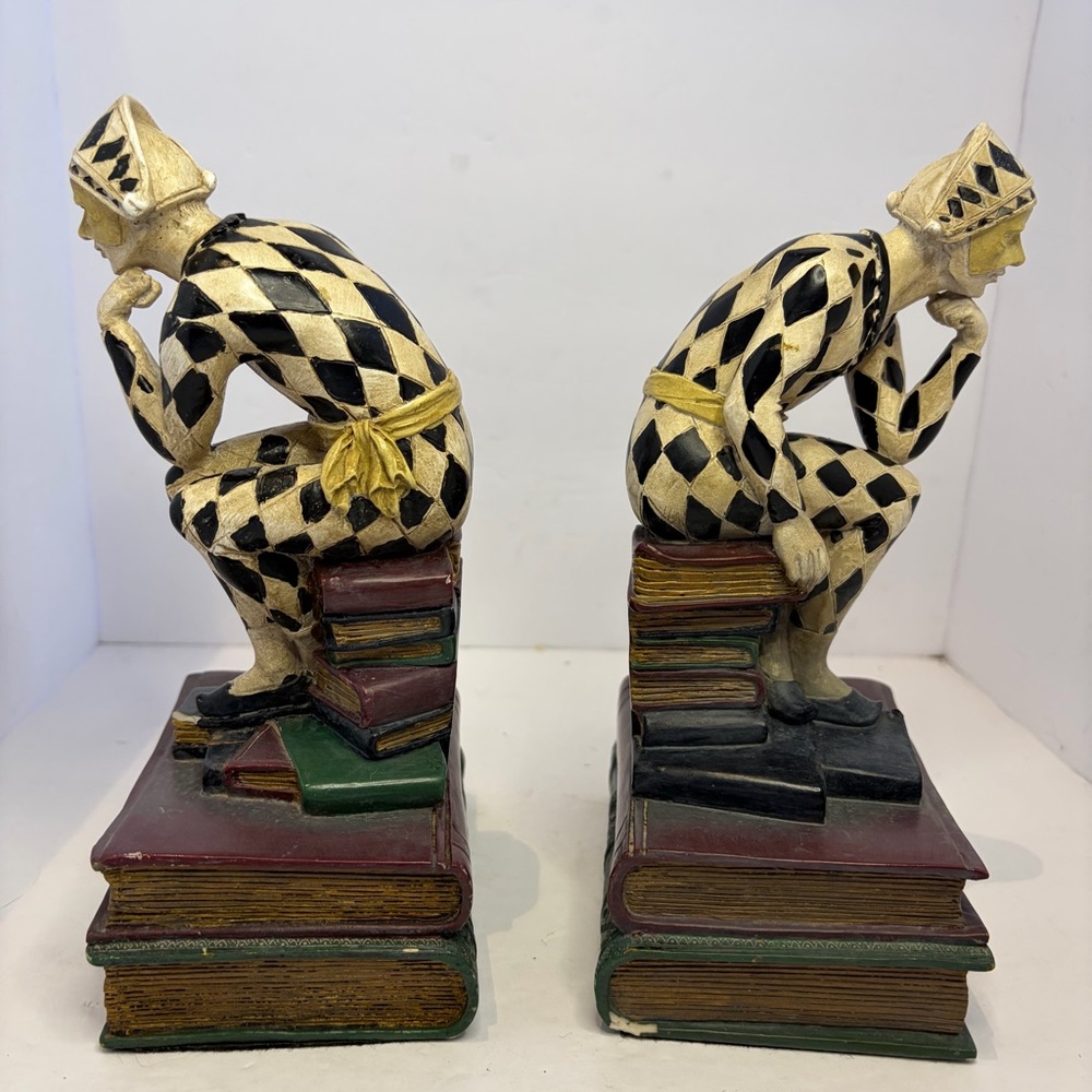 Vtg Harlequin French Hand Painted Jesters Art Deco Bookends Black/white Diamond